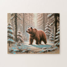 Bruine beer in besneeuwd bos Pastel krijttekening