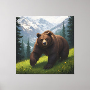 Bruine beer in een bergweide canvas afdruk
