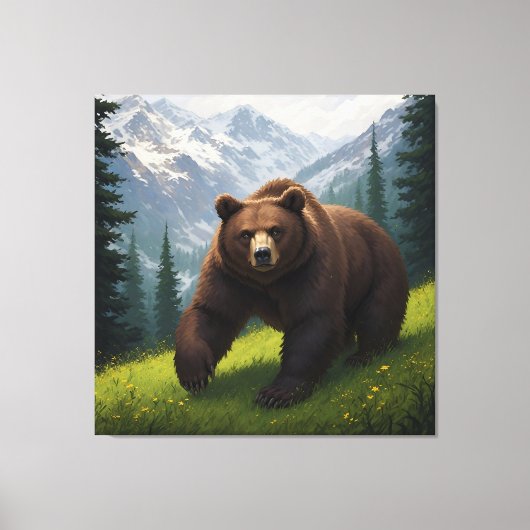 Bruine beer in een bergweide canvas afdruk (Voorkant)