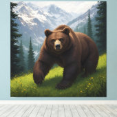 Bruine beer in een bergweide canvas afdruk (Insitu (Houten vloer))