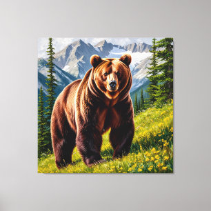 Bruine beer in een bergweide canvas afdruk