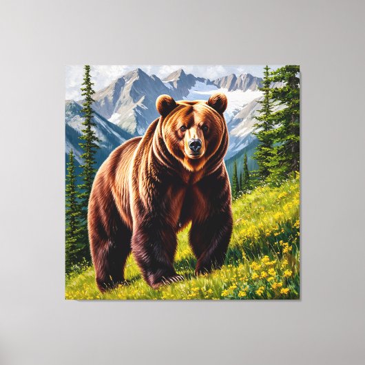 Bruine beer in een bergweide canvas afdruk (Voorkant)
