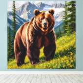 Bruine beer in een bergweide canvas afdruk (Insitu (Houten vloer))