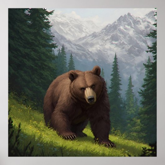Bruine beer in een bergweide poster (Voorkant)