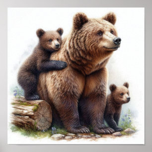Bruine beer met twee welpen Wilde familiefoto Poster