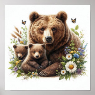 Bruine beer met welpen bloemrijke weide dieren in poster