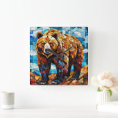 Bruine Beer 🐻✨ Rustieke Bosmozaïek Natuur Kunst Vierkante Klok (Huis)