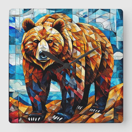Bruine Beer 🐻✨ Rustieke Bosmozaïek Natuur Kunst Vierkante Klok (Voorkant)