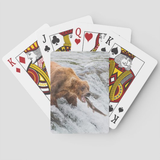 Bruine beer vangt rode zalm pokerkaarten (Achterkant)