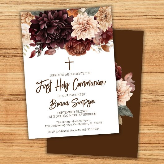 Bruine Beige Bloemen Bloem Eerste Heilige Communie Kaart