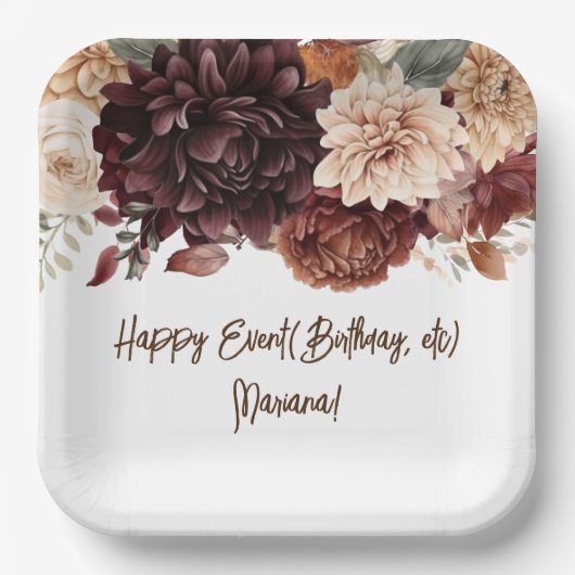 Bruine Beige Bloemen Bloemrijke Feest Papieren Bordje (Voorkant)