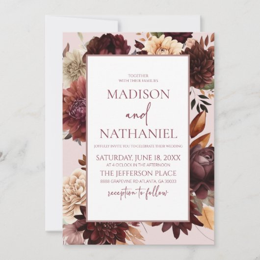 Bruine Beige Bourgondië Bloem Bloemen Bruiloft Kaart (Voorkant)