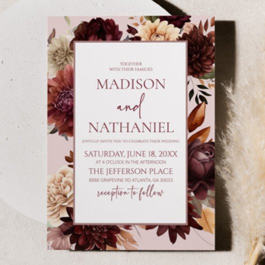 Bruine Beige Bourgondië Bloem Bloemen Bruiloft Kaart