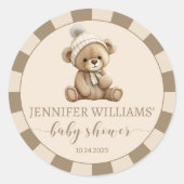 Bruine beige teddybeer baby shower ronde stickers (Voorkant)