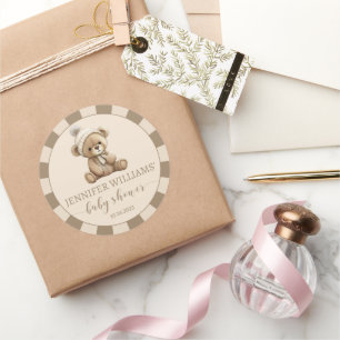Bruine beige teddybeer babyshower ronde stickers