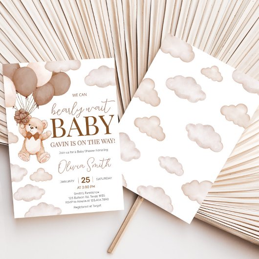 Bruine Beren ballon Bearly Wait Baby shower Kaart