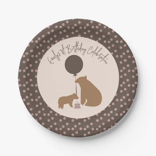 Bruine Beren BallonCake First Birthday Papieren Bordje (Voorkant)