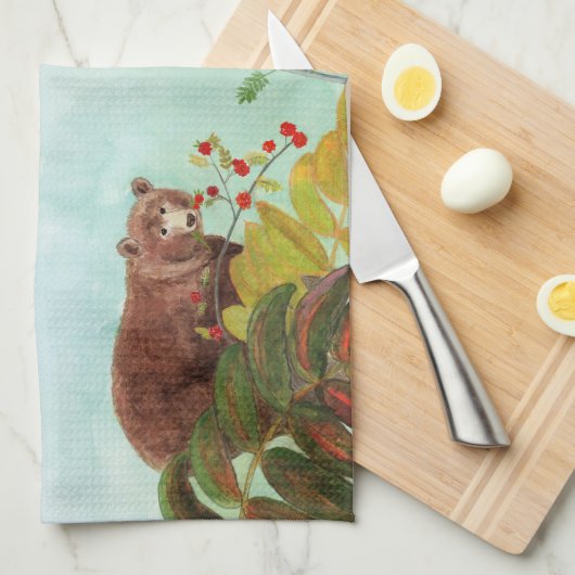 Bruine Beren Rood rowanenbessen Theedoek (Quarter Fold)