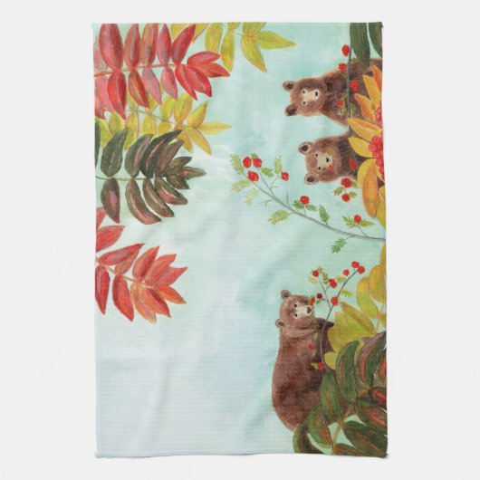 Bruine Beren Rood rowanenbessen Theedoek (Verticaal)