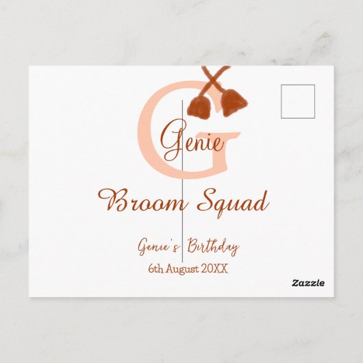 Bruine bezem Squad Verjaardag naam perzik monogram Briefkaart (Achterkant)