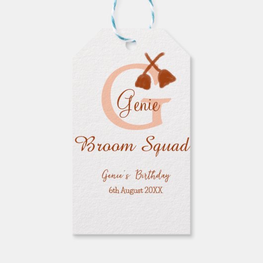 Bruine bezem Squad Verjaardag naam perzik monogram Cadeaulabel (Achterkant)