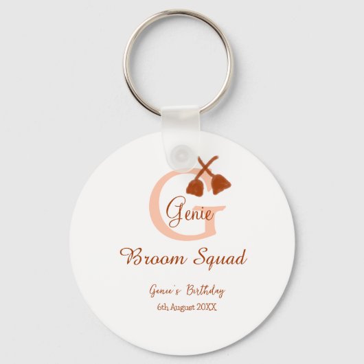 Bruine bezem Squad Verjaardag naam perzik monogram Sleutelhanger (Achterkant)