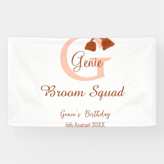 Bruine bezem Squad Verjaardag naam perzik monogram Spandoek (Horizontaal)