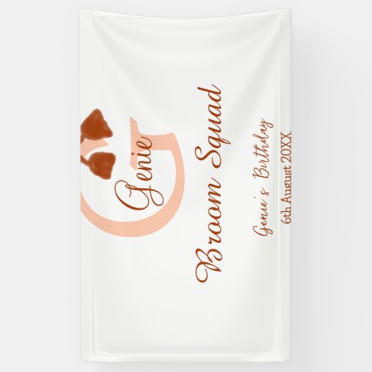 Bruine bezem Squad Verjaardag naam perzik monogram Spandoek (Verticaal)