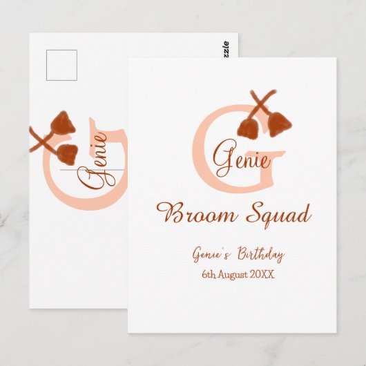 Bruine bezem Squad Verjaardagsnaam perzik monogram Briefkaart (Voorkant / Achterkant)
