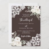 Bruine bister witte rozen kant bruiloft kaart (Voorkant)