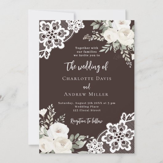 Bruine bister witte rozen kant bruiloft kaart (Voorkant)