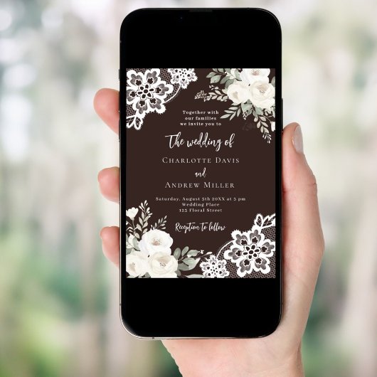 Bruine bister witte rozen kant bruiloft kaart