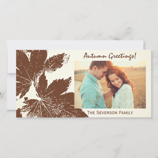 Bruine Blad Print Herfst Groeten Foto Kaart (Voorkant)