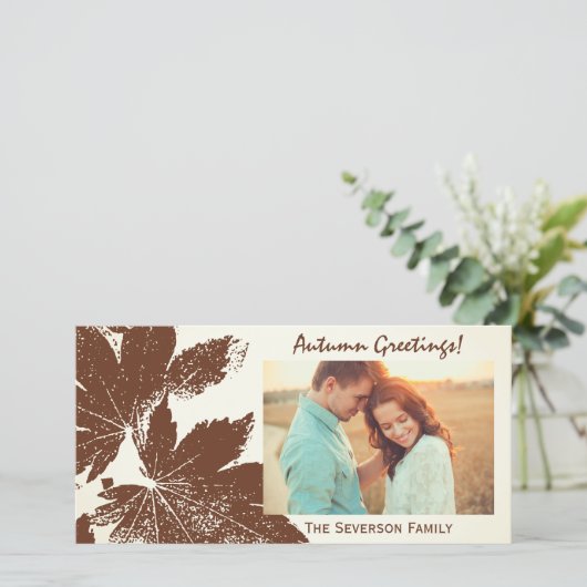 Bruine Blad Print Herfst Groeten Foto Kaart (Staand voorkant)
