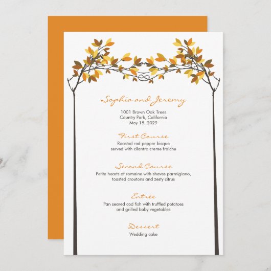 Bruine bladeren geknoopt liefde bomen herfst bruil menu (Voorkant / Achterkant)