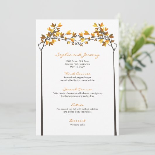 Bruine bladeren geknoopt liefde bomen herfst bruil menu (Staand voorkant)