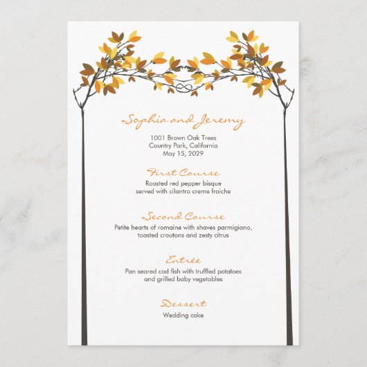 Bruine bladeren geknoopt liefde bomen herfst bruil menu (Voorkant)
