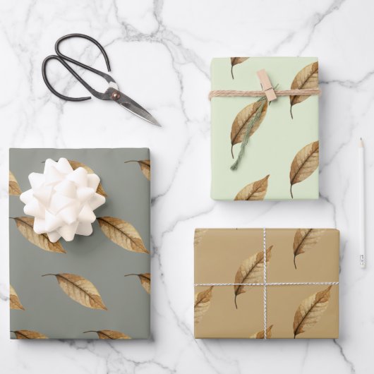 Bruine bladverpakkings papier plat vel set van 3. (Voorkant)