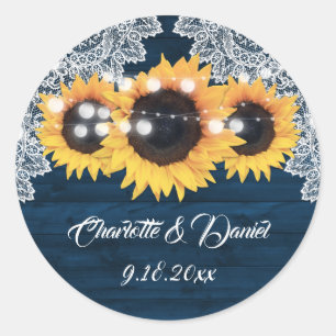 Bruine Blauwe Houten Kant Sunflower Trouw Favor Ronde Sticker
