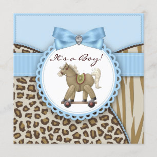 Bruine Blauwe Schommelpaard Jongens Baby Shower Kaart