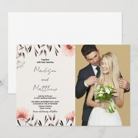 Bruine Bloem Bruiloft Uitnodigingen met foto (Voorkant / Achterkant)