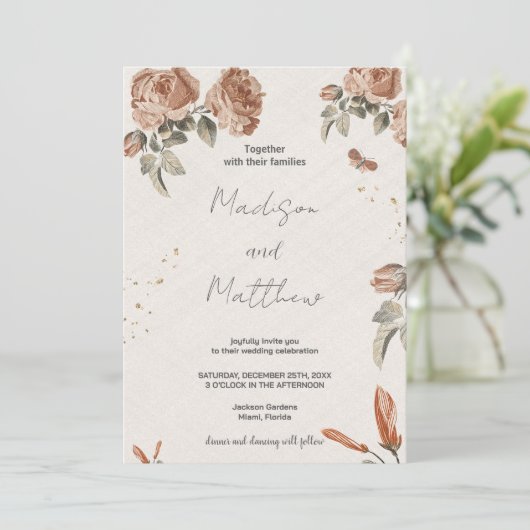 Bruine Bloem Bruilofts Uitnodigingen (Staand voorkant)