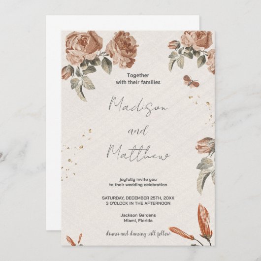 Bruine Bloem Bruilofts Uitnodigingen (Voorkant / Achterkant)