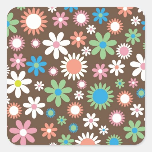  bruine bloem-retro-lentesbloemen vierkante sticker (Voorkant)