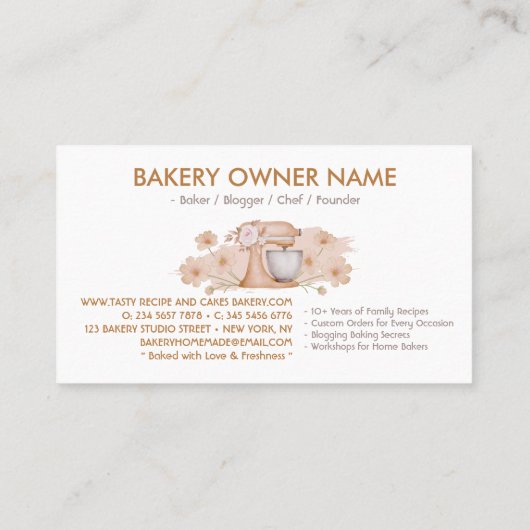 Bruine Bloemen Bakken & Koken Utensil Bakkerij Visitekaartje (Achterkant)