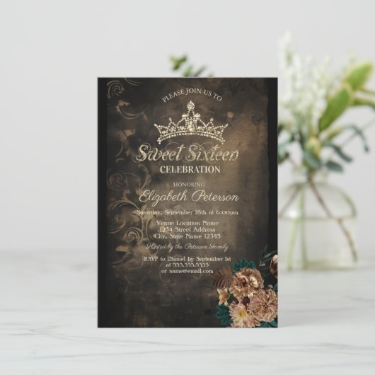 Bruine bloemen Damask donker gotisch zoet 16 Kaart (Staand voorkant)