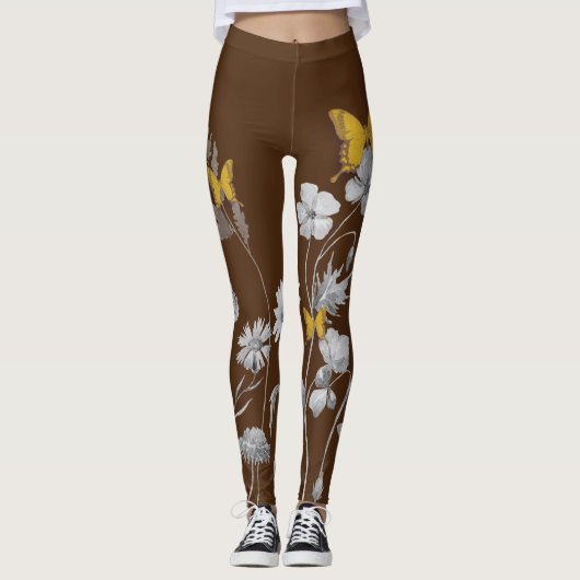 Bruine bloemen en vlinder leggings (Voorkant)