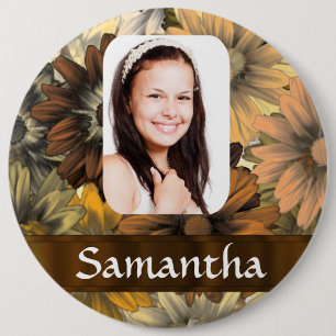 Bruine bloemen gepersonaliseerde foto sjabloon ronde button 6,0 cm