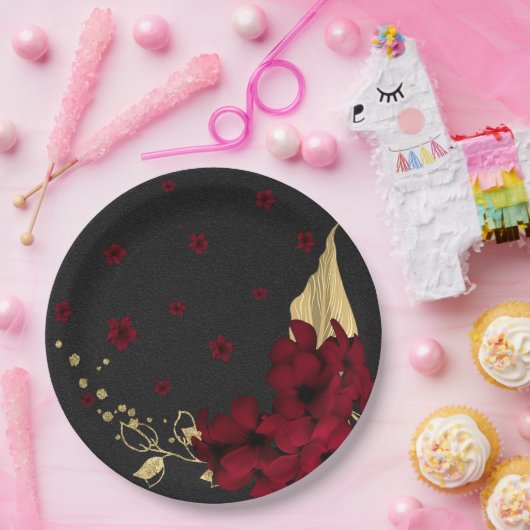 bruine bloemen goudblad zwart papieren bordje (Feest)