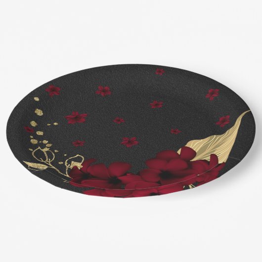 bruine bloemen goudblad zwart papieren bordje (Gekanteld)